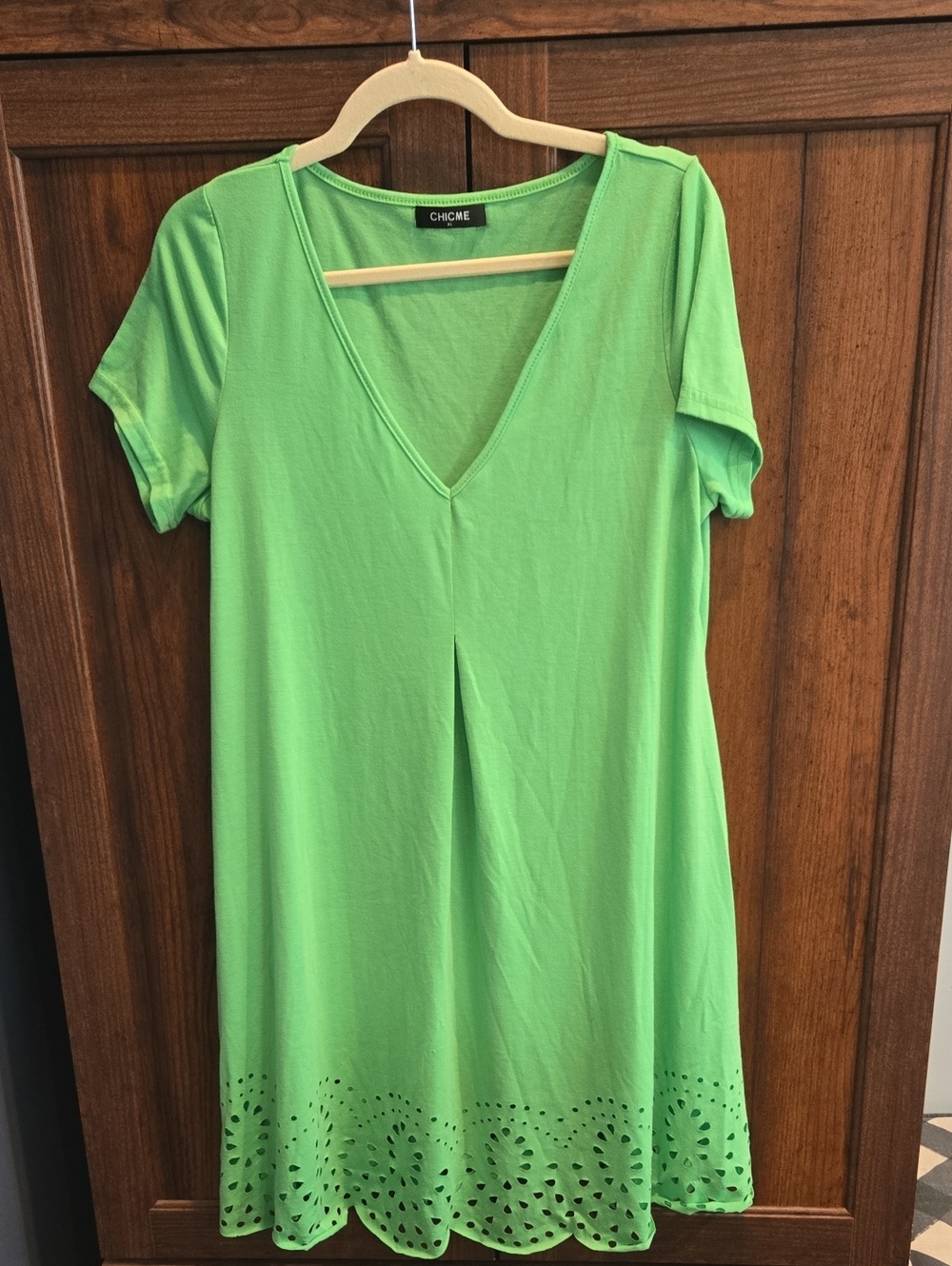 CHICME Lime Green V-Neck Midi Dress with Laser-Cut Hem